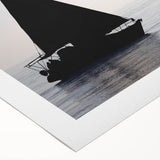 Art deco style poster of a vintage sailboat, using muted blue and white tones on rolled canvas.