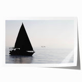 Sailboat on calm waters in muted blue and white hues on a rolled canvas, ideal for dining room wall art.