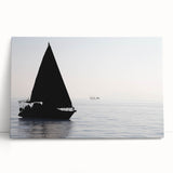 Black and white photo of a sailboat on stretched canvas, ideal for kitchen wall art or bedroom ambiance.