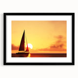 Abstract art print of a colorful sailboat on textured canvas, framed in black, ideal for living room decor.