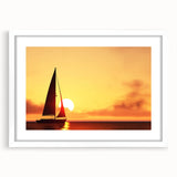 Extra large abstract art print of a sailboat, in muted blue and white tones on a framed canvas, ideal for living room decor.