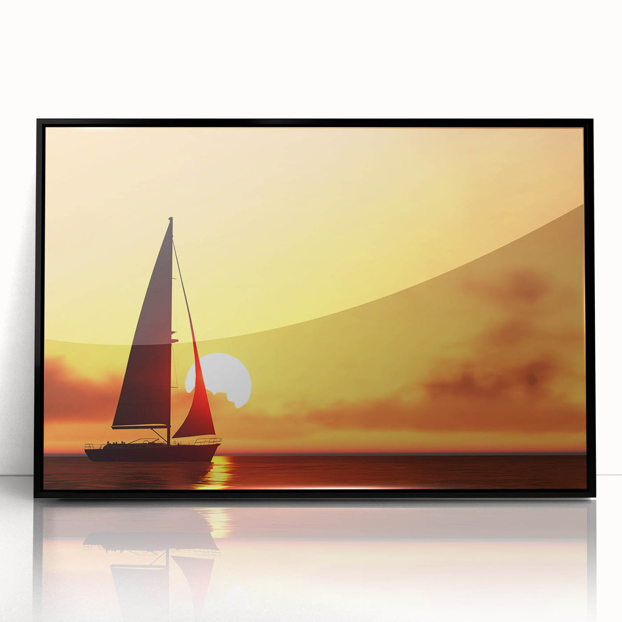 Large abstract wall art depicting a sailboat in ocean, in muted blue and gray tones, framed acrylic.