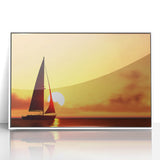 Mid-century modernist style sailboat on a calm sea, muted blue and white tones, framed acrylic, ideal for nursery wall art.