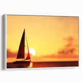 Sailboat on a calm sea depicted in muted grays and blues on a framed canvas, suited for bedroom wall decor.