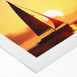 Art deco poster featuring a sailboat on a sea, rendered in cool blue and white tones on rolled canvas.