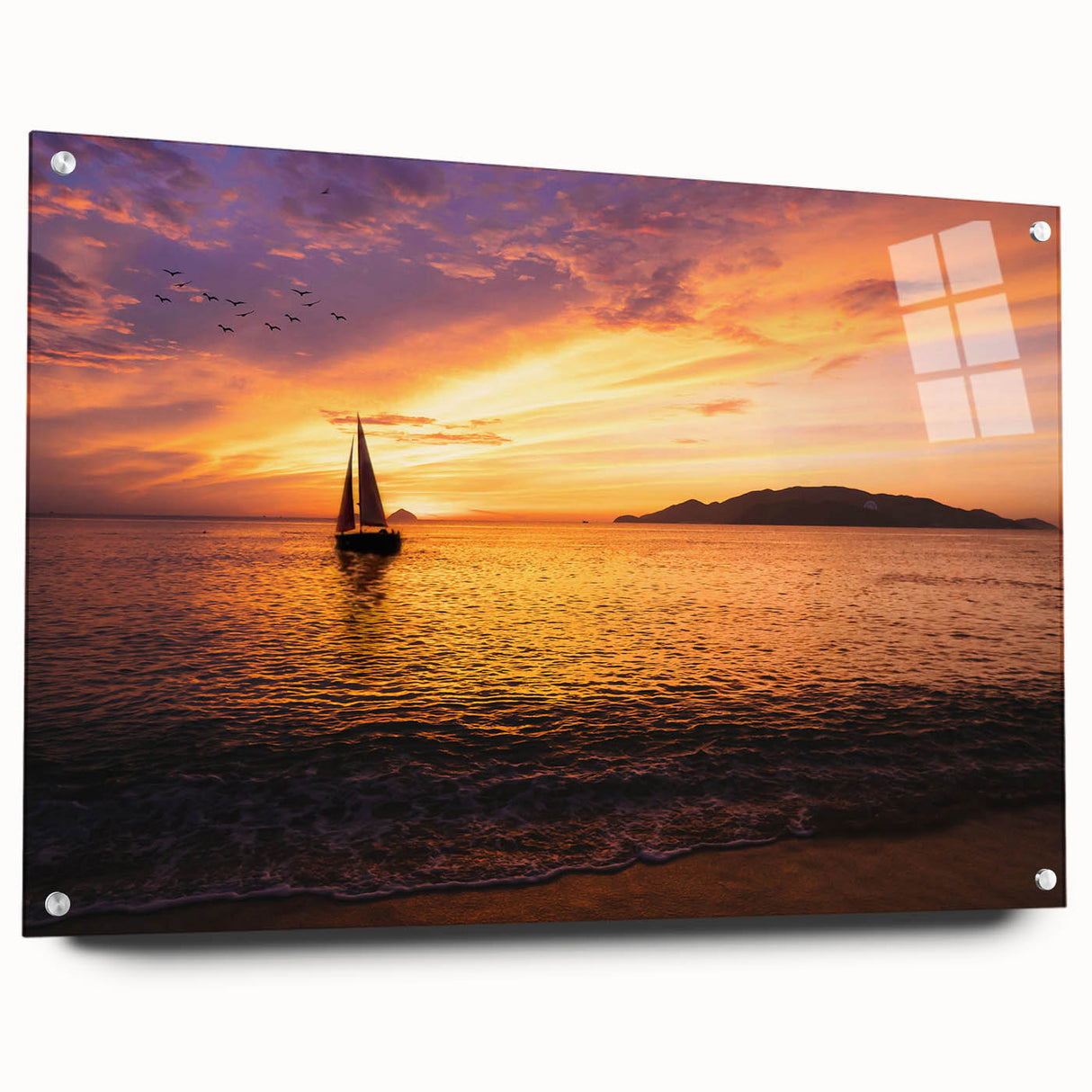 Acrylic print of a large abstract sailboat in shades of blue and white, suitable for bedroom or dining room decor.