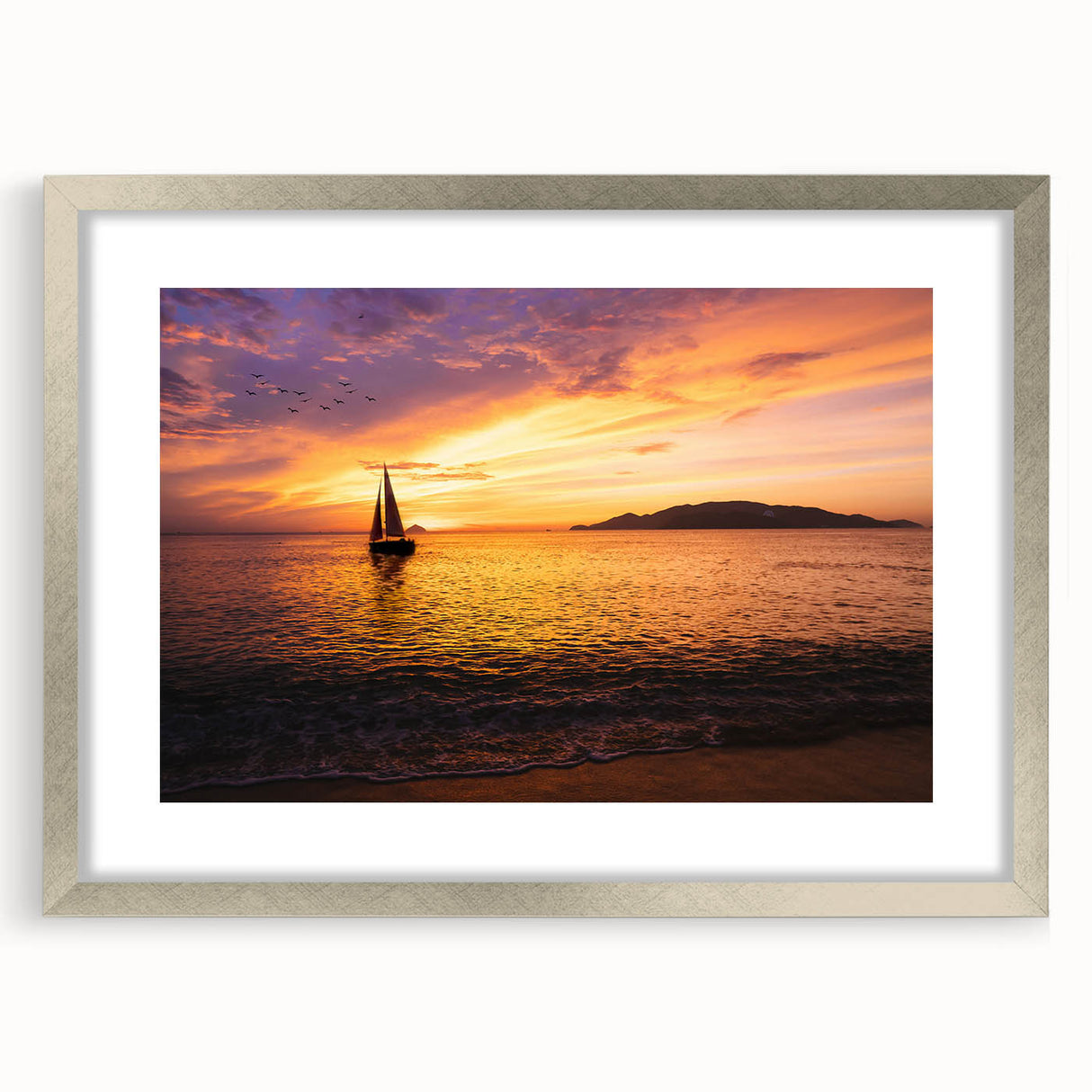 Abstract art print of a stylized sailboat in cool blue and white tones, framed in silver, suitable for dining room decor.
