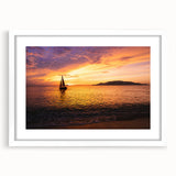 Extra large abstract art print of a sailboat, with textured details in muted oceanic blues and whites, framed in white.