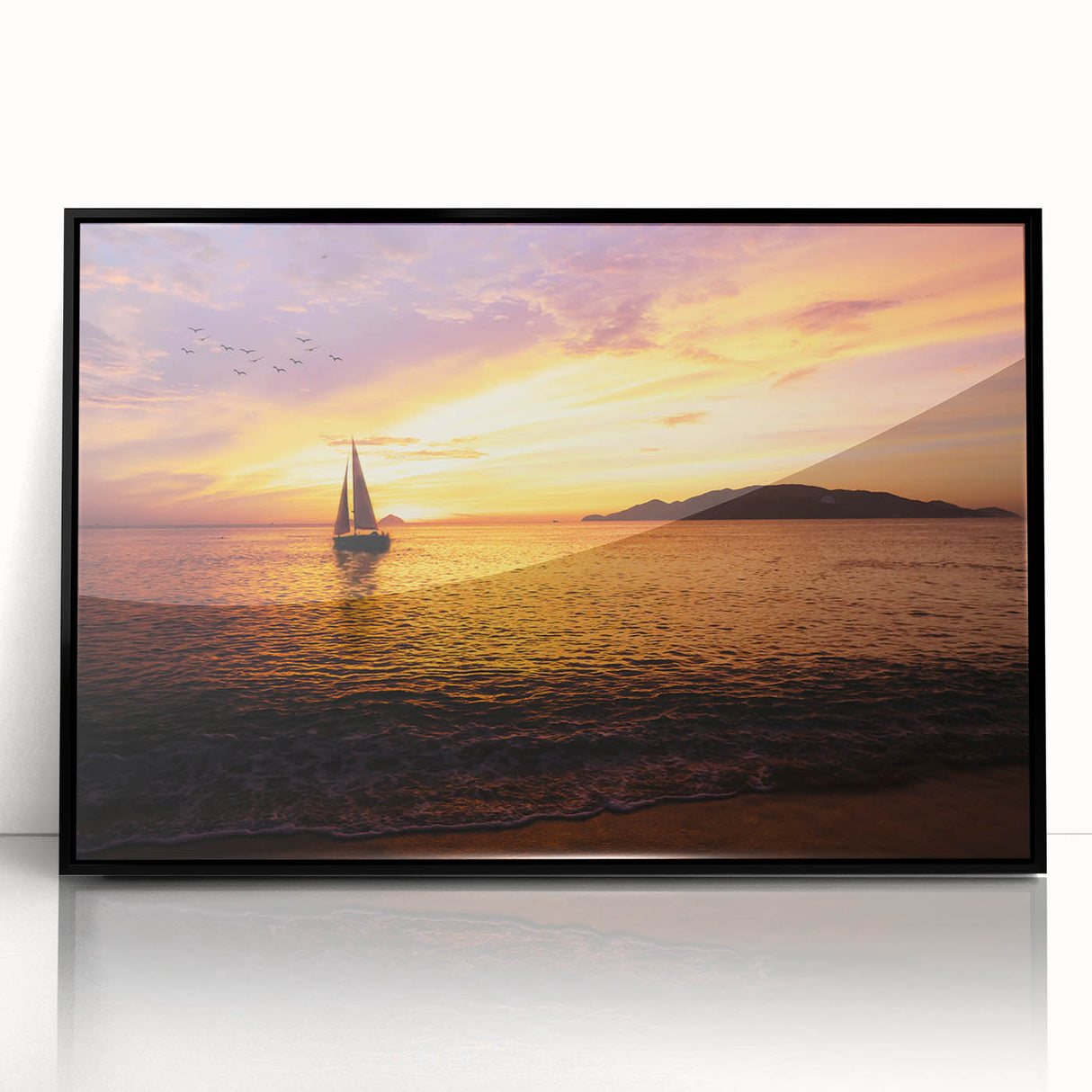 Large abstract wall art depicting a sailboat in monochrome tones on a black framed acrylic.