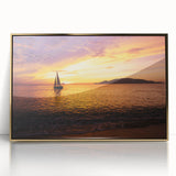 Mid-century modernist art of a sailboat in muted blue and gold tones on a framed acrylic, ideal for nursery wall decor.
