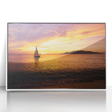 Framed acrylic print of a mid-century modernist style sailboat, featuring muted blue and white tones.