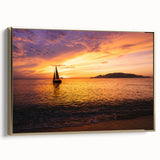 Framed canvas featuring a colorful sailboat on a vibrant blue sea, ideal for adding a vintage touch to a living room.