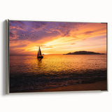 Vintage poster art of a colorful sailboat on black background, framed canvas, ideal for living room decor.