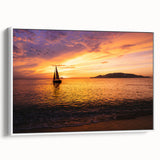 Framed canvas depicting a vintage black sailboat on a muted sea landscape, ideal for bedroom wall art.