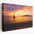 Sailboat on calm waters depicted in muted blues and whites on stretched canvas, suitable for kitchen wall art.