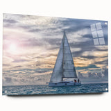 Acrylic print of a large abstract sailboat in shades of blue and white, ideal for dining room or bedroom decor.