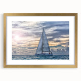 Abstract textured art of a sailboat in muted blue and white, acrylic print framed in gold, suitable for bedroom wall decor.