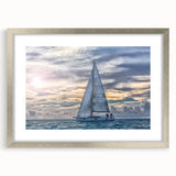 Abstract art print of a sailboat in silvery gray tones on a framed canvas, suitable for dining room or bedroom decor.