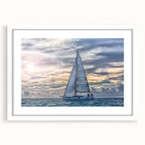 Extra large abstract sailboat print in textured art style with muted blue and white hues on a framed poster.