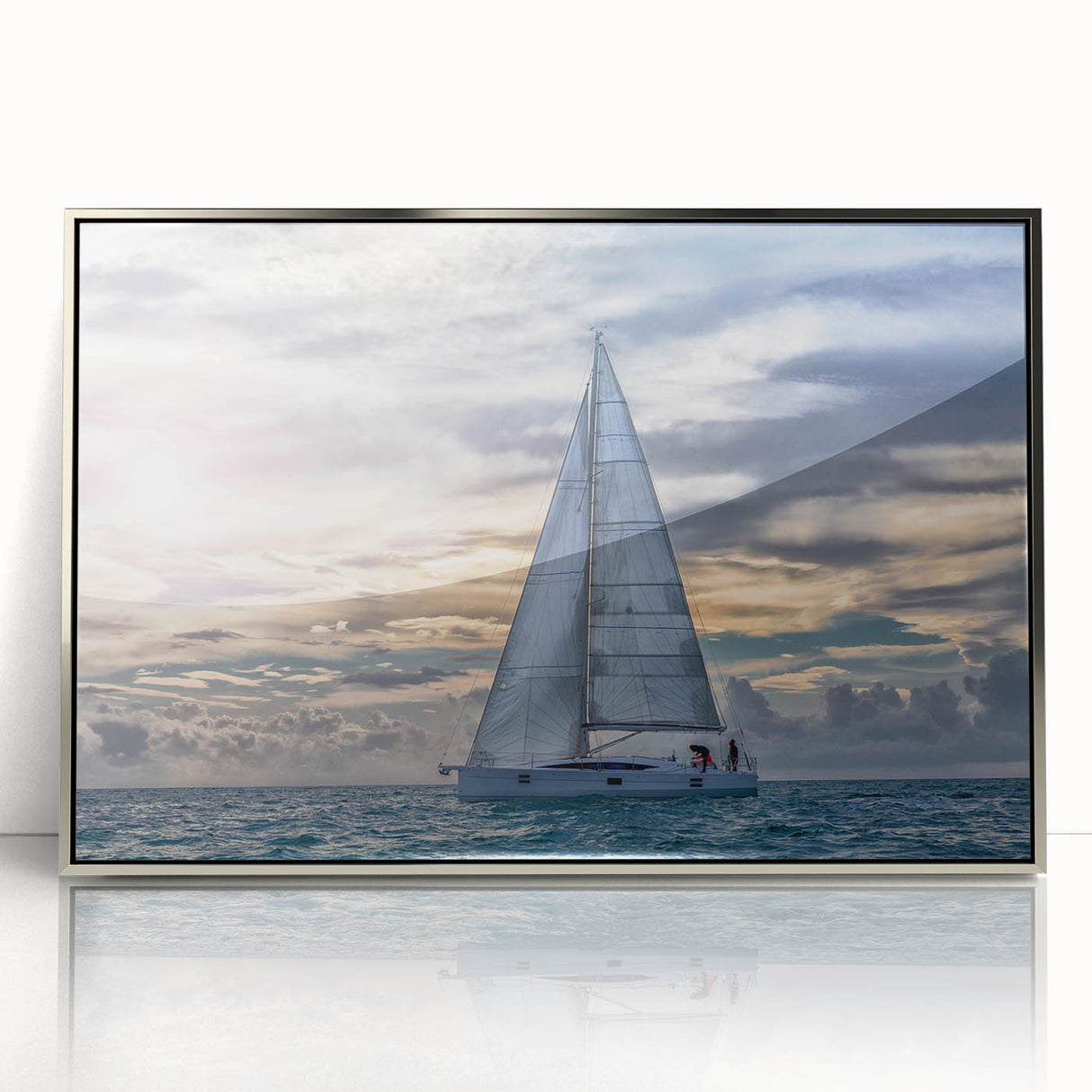 Art deco poster of a sailboat, framed in silver acrylic, featuring pale blue and white tones, ideal for nursery wall art.