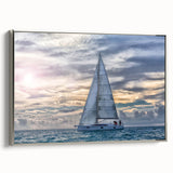 Vintage poster art of a colorful sailboat on a black background, framed canvas, ideal for living room decor.
