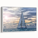 Framed canvas featuring a vintage-style sailboat on a muted black and gray seascape, ideal for bedroom wall art.