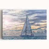 Black and white photo of a sailboat on stretched canvas, suitable as large kitchen wall art.