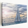 Sailboat on calm waters depicted in muted blue and white hues on a large stretched canvas, ideal for kitchen wall art.
