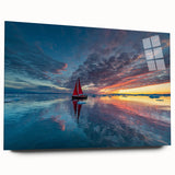 Acrylic print of a large abstract sailboat in shades of blue and white, suitable for bedroom or dining room decor.