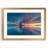 Textured art print of an abstract sailboat in muted blue and white, framed in gold, suitable for bedroom wall decor.