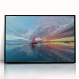 Large abstract wall art of a sailboat, rendered in mid-century modernist style with a monochrome color palette.