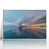 Framed acrylic print of a mid-century modernist sailboat in muted blues and whites, ideal for nursery wall art.