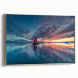 Framed canvas vintage poster art featuring a side view of a colorful sailboat on a black background.
