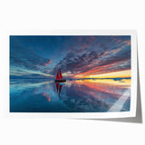 Rolled print of a sailboat on calm waters, in muted blue and gray tones, suitable for dining room wall art.