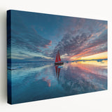 Sailboat on calm waters in muted blue and white hues on stretched canvas, suitable for kitchen wall art.