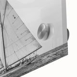 Large abstract sailboat art in muted blue and white tones on acrylic glass, suited for dining room decor.