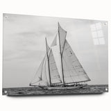 Acrylic print of a large abstract sailboat in blue and gray tones, ideal for bedroom or dining room wall art.
