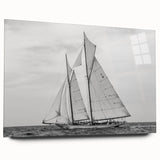 Acrylic print of a large abstract sailboat in shades of blue and white, ideal for bedroom or dining room art.