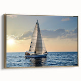 Framed canvas featuring vintage-style landscape art painting of a sailboat on a colorful sea.