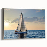Vintage poster art of a sailboat on a silver-framed canvas, featuring a black and colorful palette.