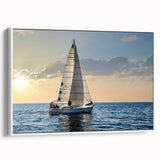 Framed canvas featuring a vintage poster of a black sailboat on a serene lake, ideal for bedroom wall decor.