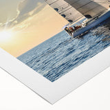 Art deco poster of a sailboat on a serene lake, rendered in muted blue and gray tones on rolled canvas.