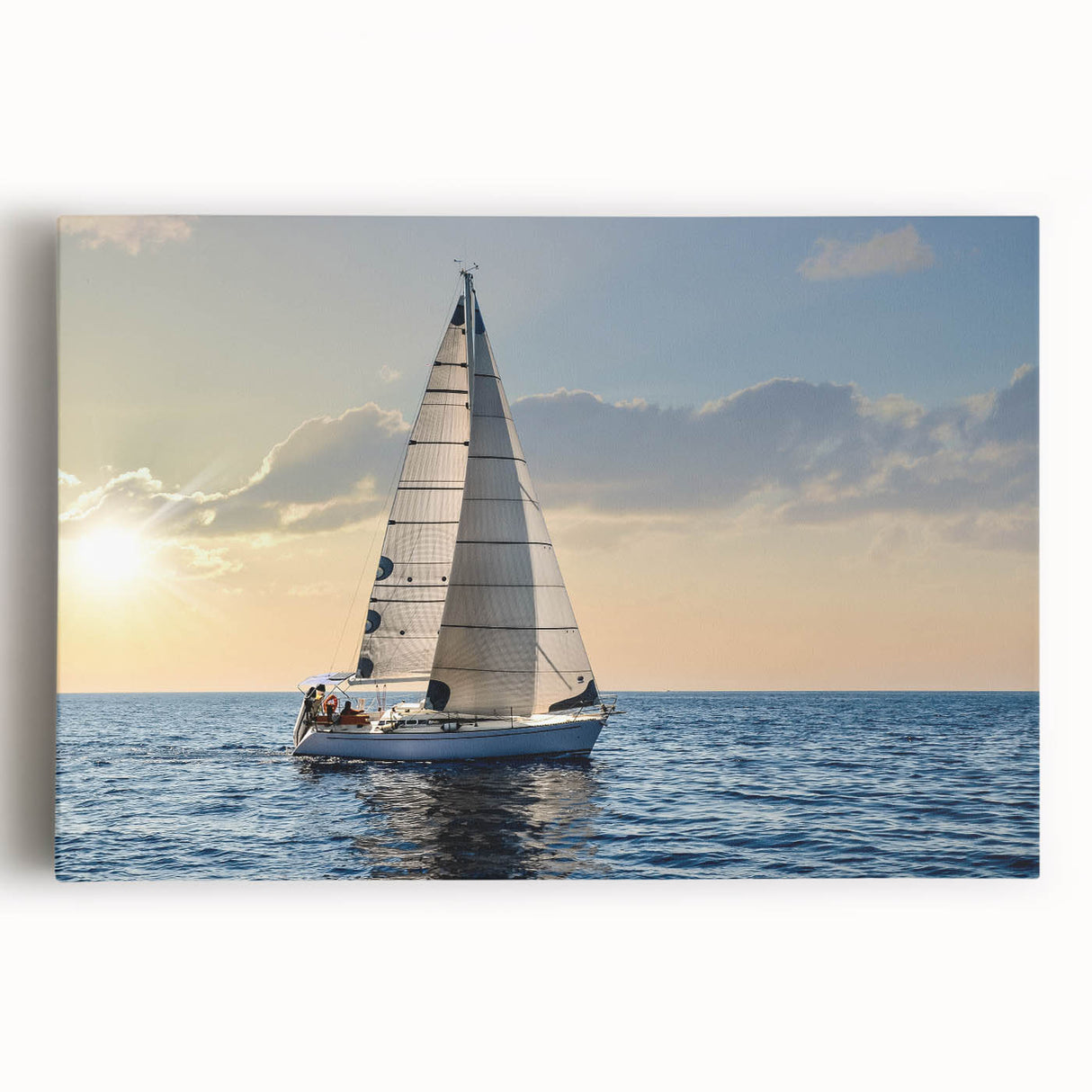 Black and white photo of a sailboat on stretched canvas, suitable as large kitchen wall art.