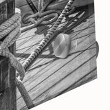 Large abstract sailboat art in muted blue and white tones on acrylic glass, ideal for dining room ambiance.