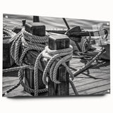 Acrylic print of a sailboat in muted blue and white tones, ideal for dining room decor.