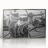 Art deco poster of a sailboat in silver and blue tones, acrylic print in a silver frame.