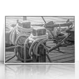 Acrylic print of a mid-century modernist sailboat, featuring muted blue and white tones, ideal for nursery wall art.