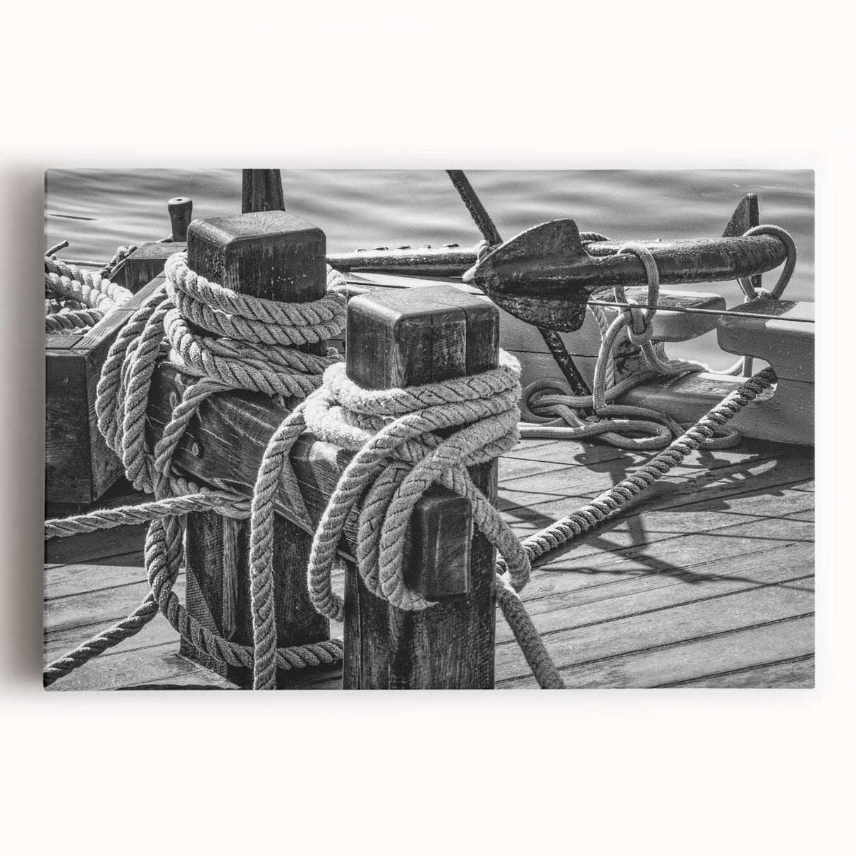 Black and white photo of a sailboat on stretched canvas, ideal for kitchen wall art.