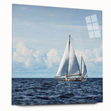 Acrylic print of a sailboat in blue and white tones, suitable for bedroom or dining room decor.