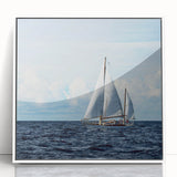 Framed acrylic print of a mid-century modernist sailboat in muted blue and white, ideal for modern art wall decor.
